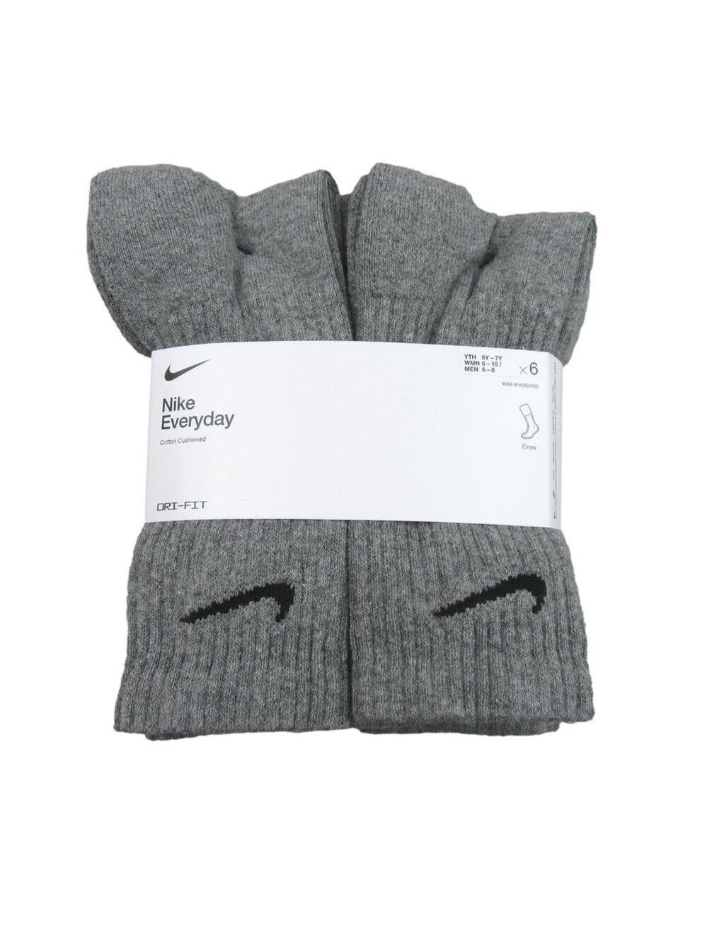 Nike Everyday Cushion Crew Socks Grey 6 Pack Womens 6-10 / Youth 5Y-7Y NEW